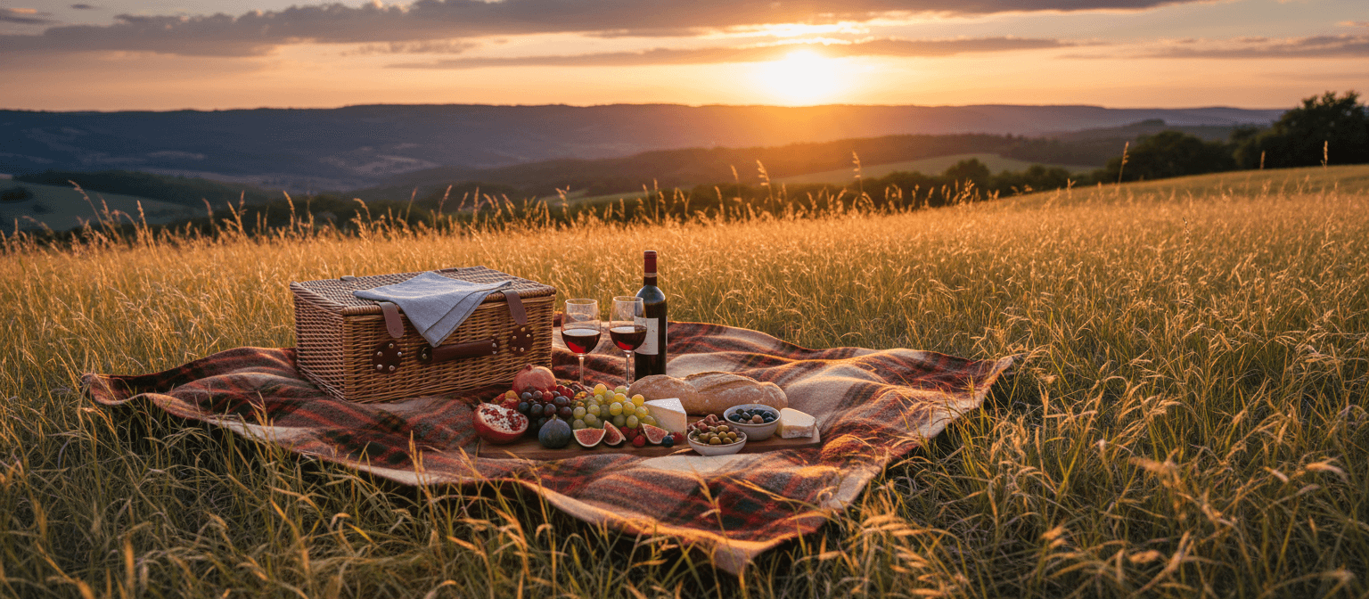 Picnic asezat pe iarba la apus