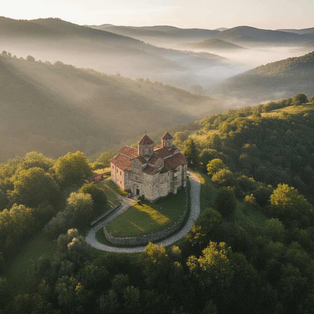 Manastire pe un deal impadurit in Valea Oltului, la rasarit