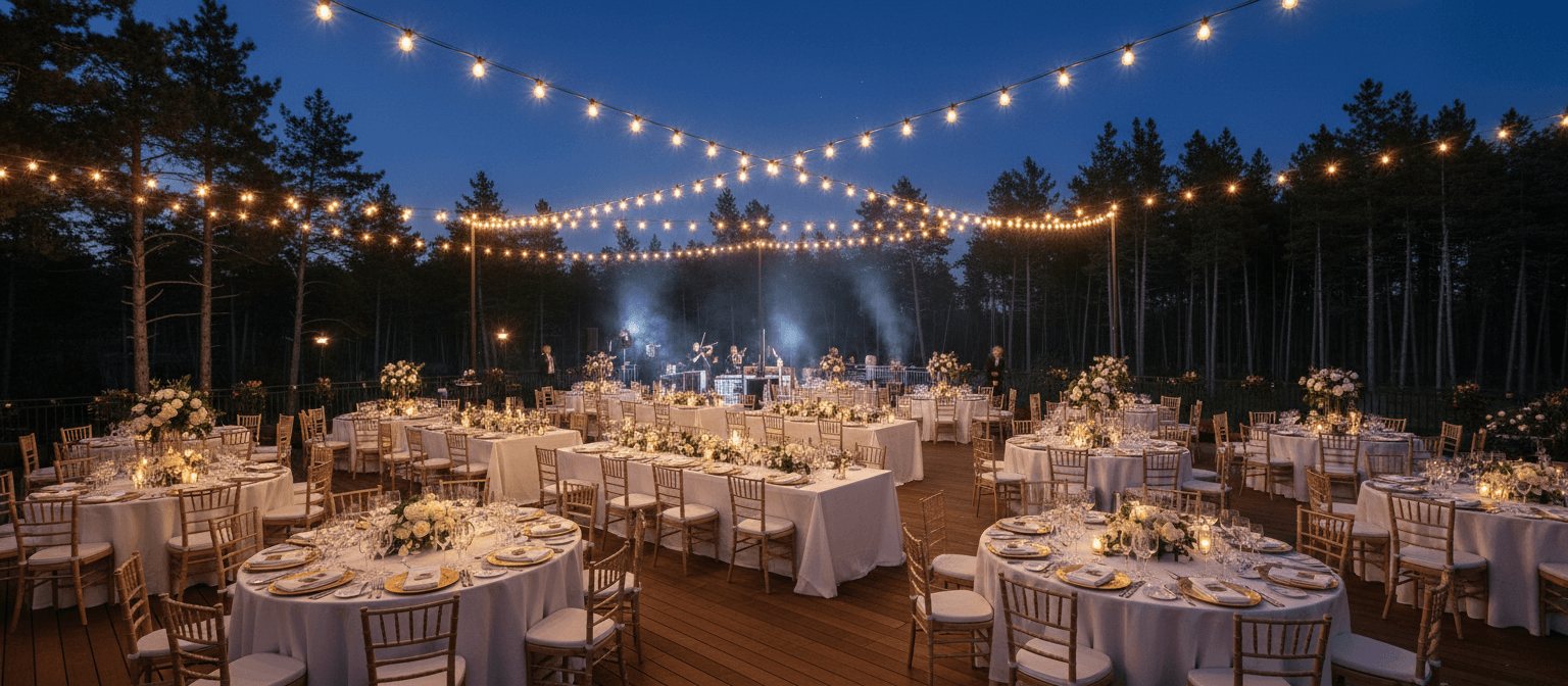 Masa festiva pregatita pentru un eveniment pe terasa