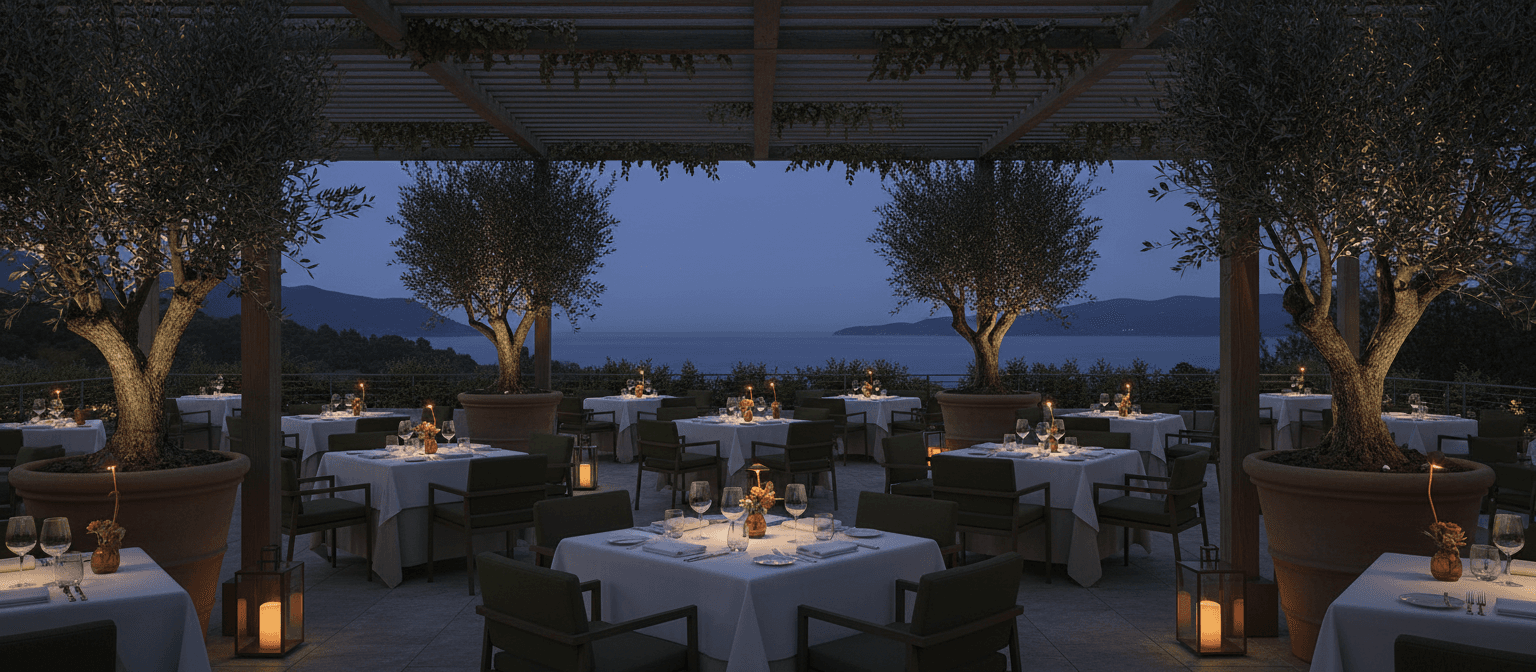 Terasa The Garden Dragasani seara, cu luminite si vegetatie